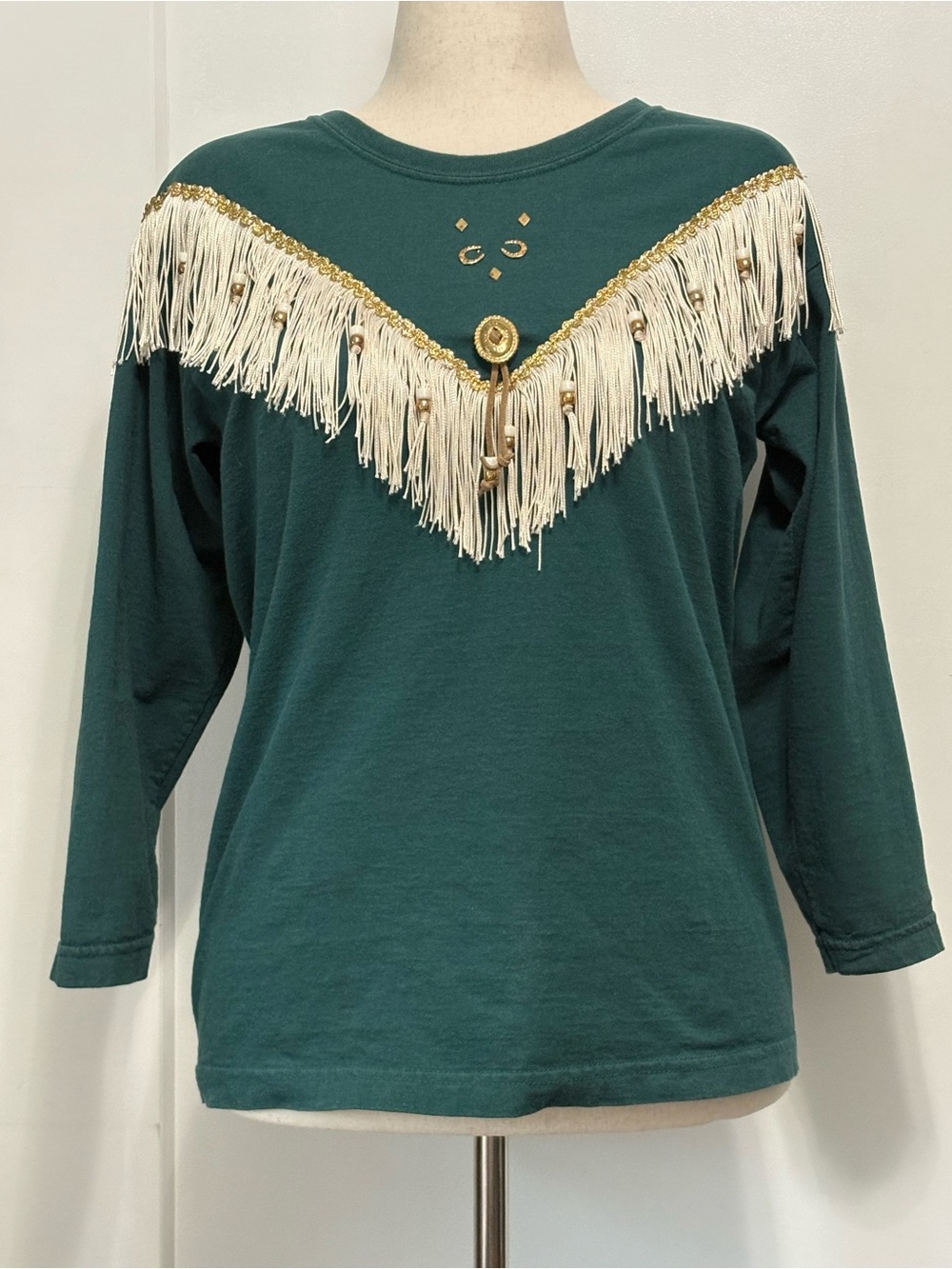 Vintage Hazelwoods Western Fringe Tee L Emerald Green Concho 3/4 Sleeve Studded